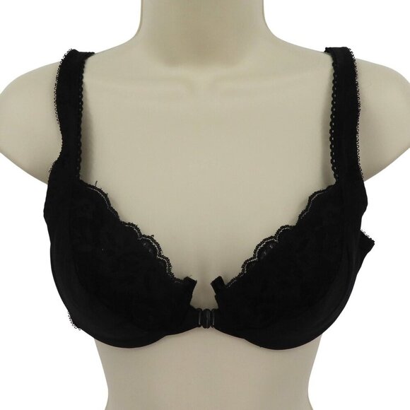 Vintage Bill Blass 34C Bra Front Closure Solid Black Lace Trim Lined Underwire - Picture 1 of 12